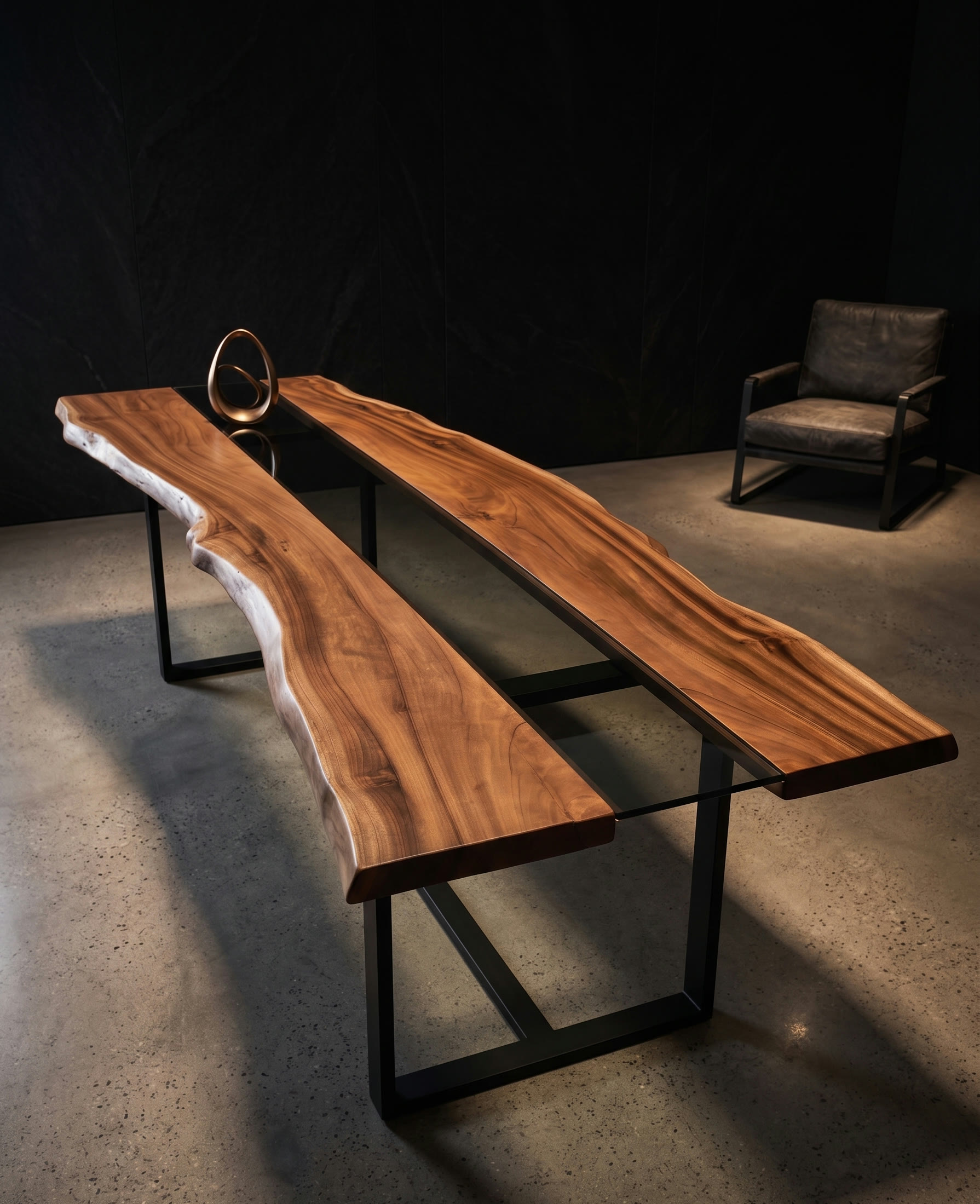 Twin live-edge walnut slabs forming a console table in a dark, gallery-like room
