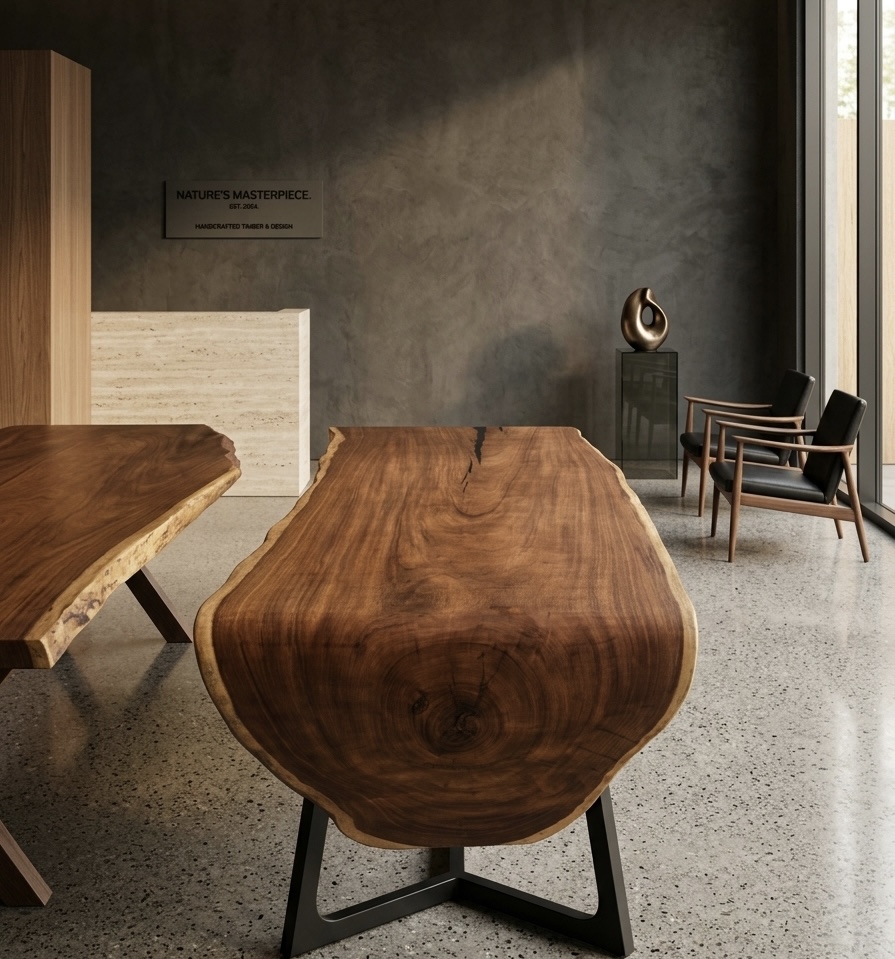 Enchi showroom with handcrafted live-edge tables and a brand plaque reading Nature's Masterpiece