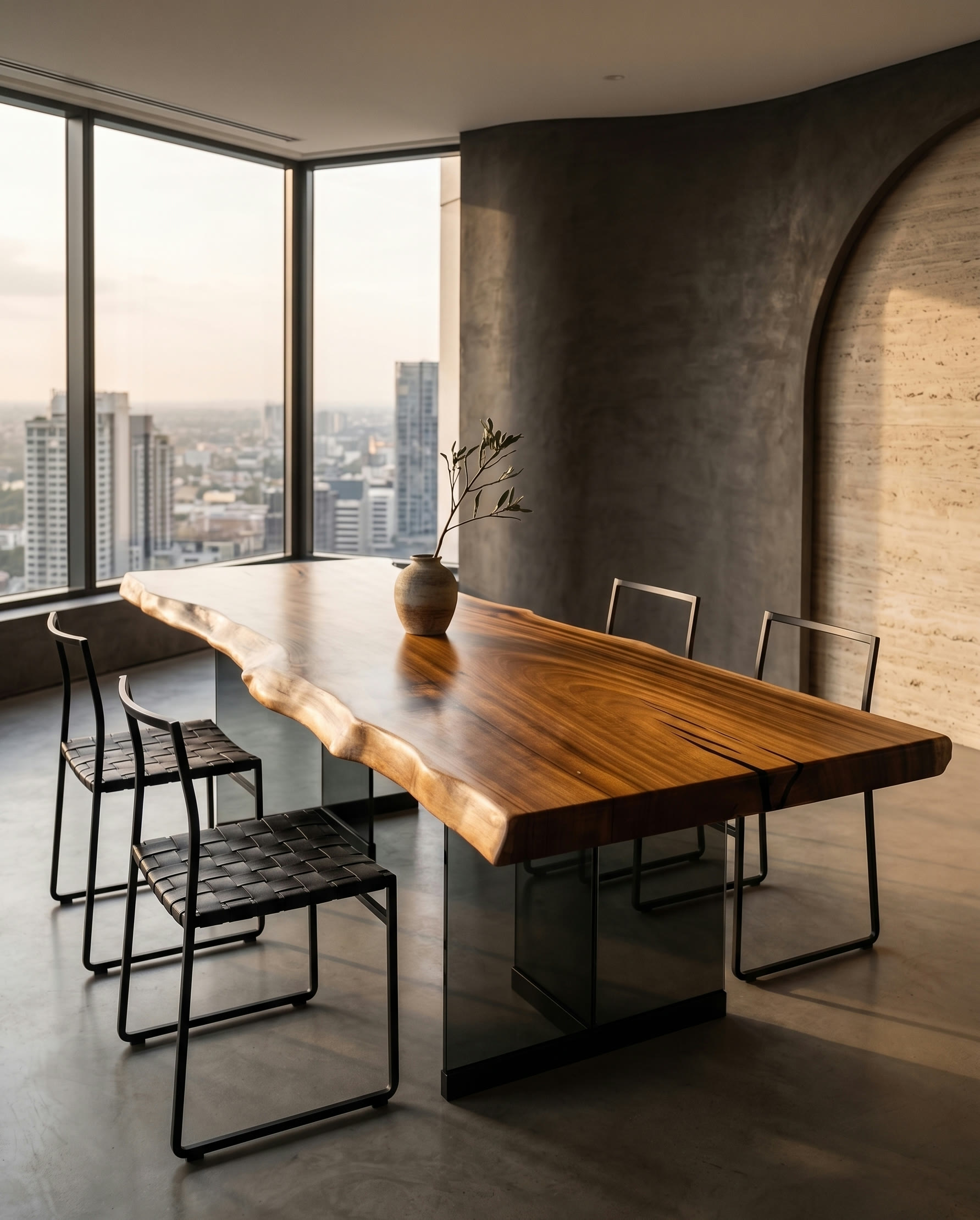 Live-edge dining table in a luxury apartment with floor-to-ceiling windows