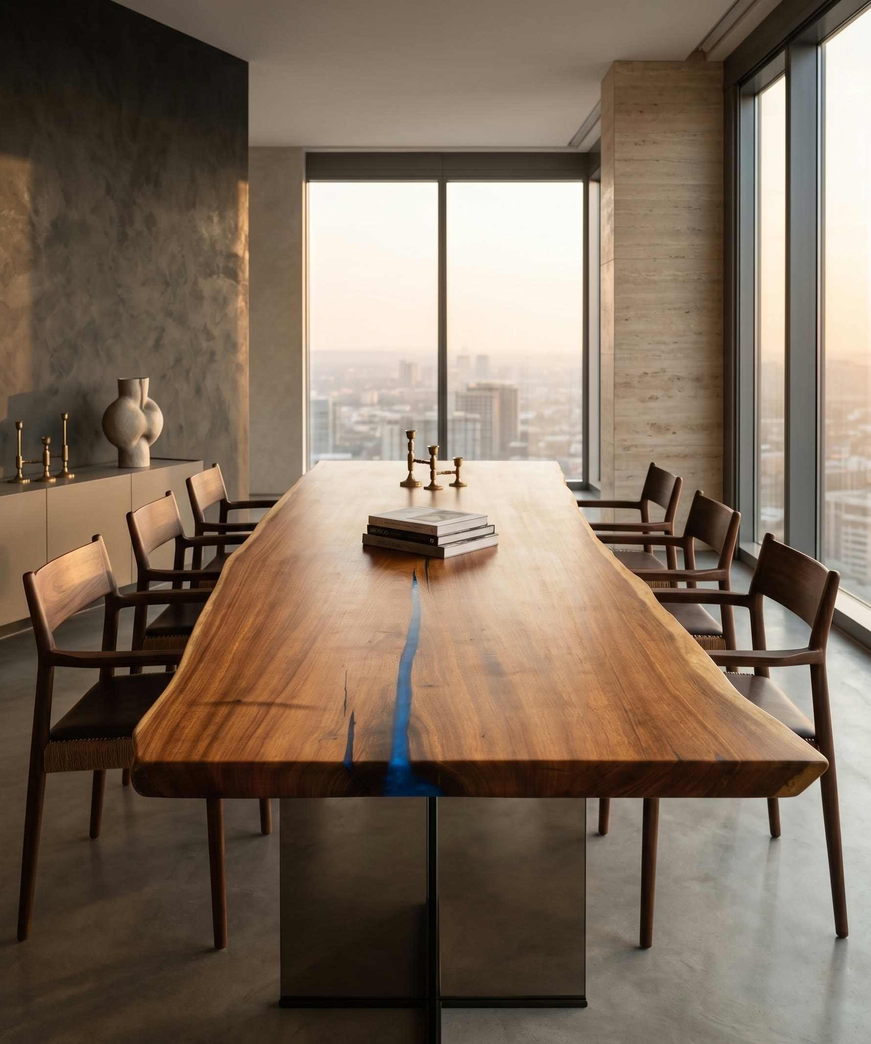 Live-edge walnut dining table in a penthouse with a city view at dusk