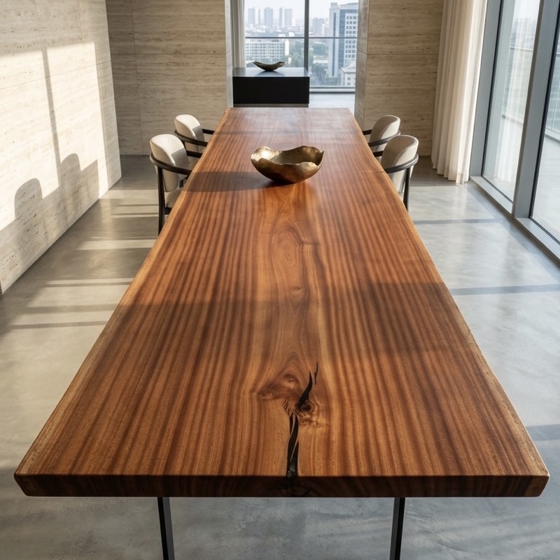 Long sapele dining table with a brass bowl in a bright office