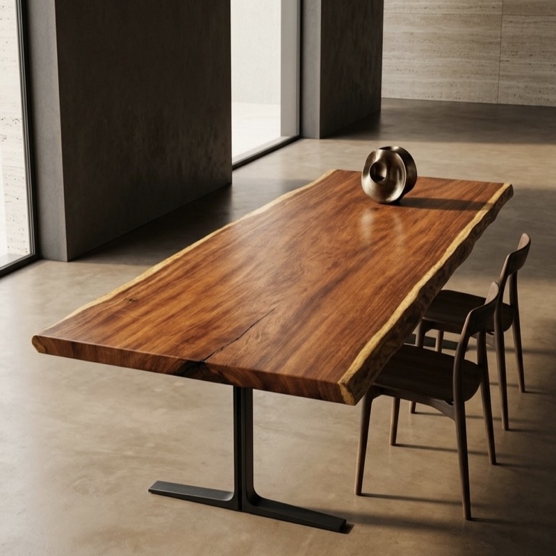 Live-edge table with a bronze sculpture beside two wooden chairs
