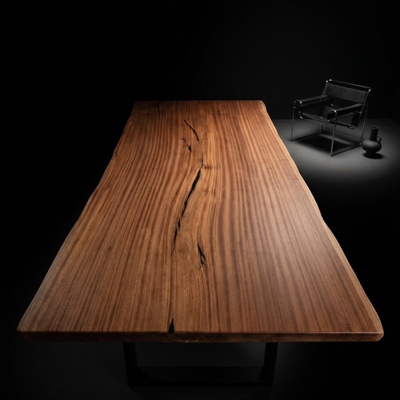 Sapele dining table under a spotlight with a leather chair behind